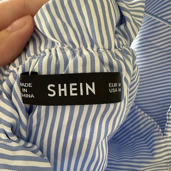 Pinstriped Slim Fit Foldover One Shoulder Bow Tie Front Blouse sz medium - Picture 8 of 8